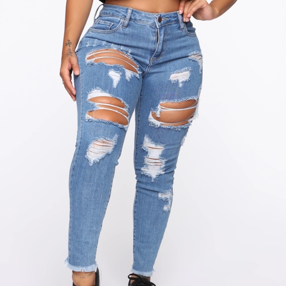 Distressed Skinny Jeans Blue Denim